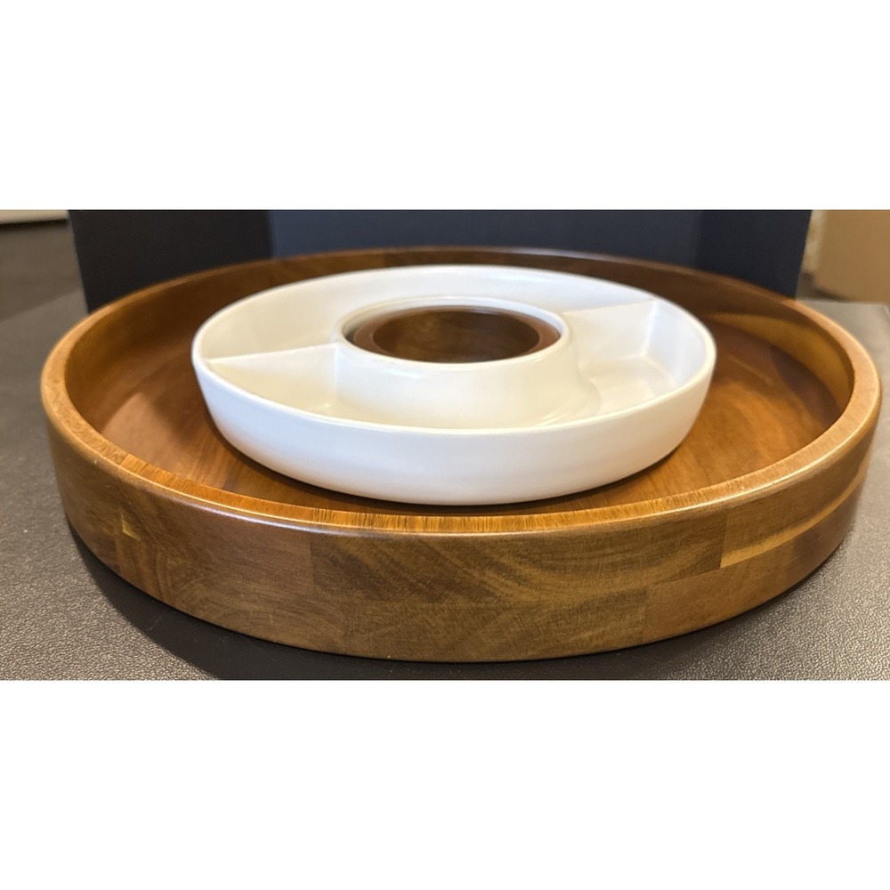 The Cellar Macys Natural Wood 3 Section Round Tray‎ Divided Server Heavy